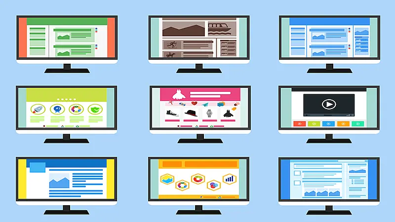 The image shows 6 computer screens each one with a different website layout.