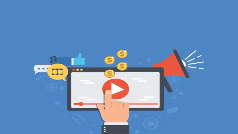 The image show a hand pointing on a screen where is a play button, going out of the screen there are many icons of a speaker, a musical note, coins, movie, and others