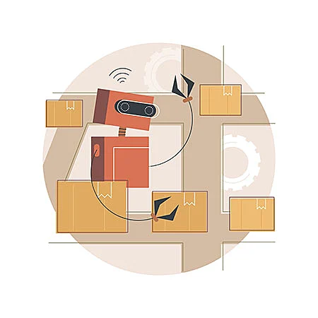 Illustration of a small robot sorting boxes with its mechanic arms