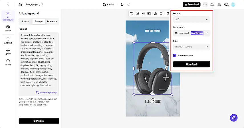Pippit page to create posters 
