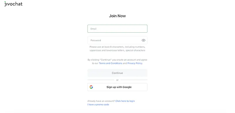 JivoChat  create an account page