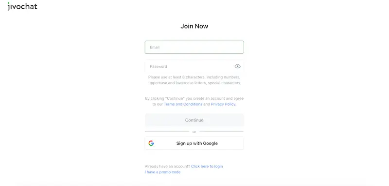 JivoChat  create an account page