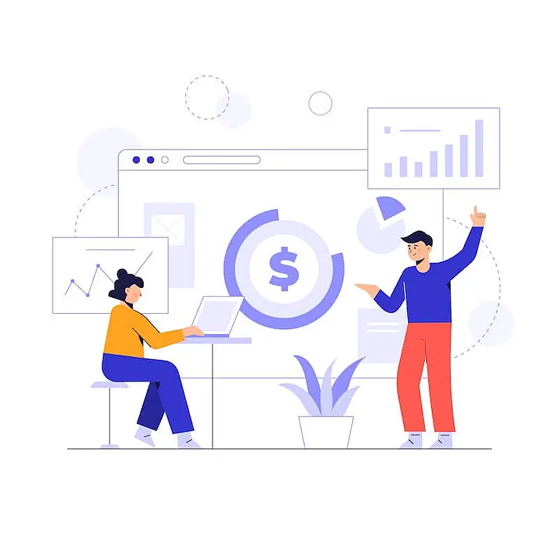 Illustration of two people analyzing financial growth with charts, graphs, and a large dollar sign symbol on a computer screen.