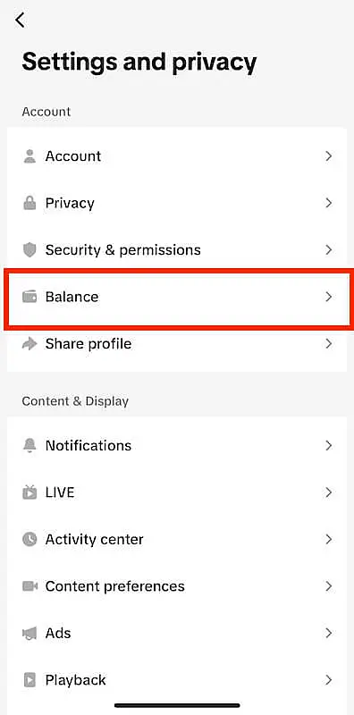 TikTok settings and privacy menu