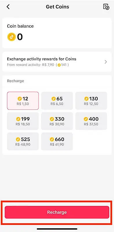 TikTok get coins menu