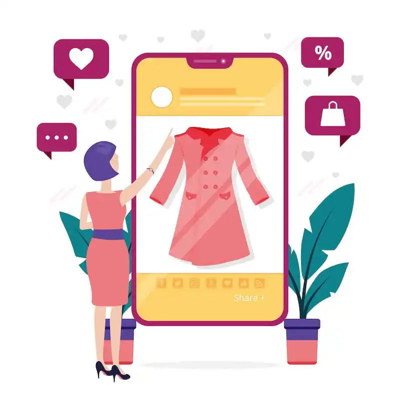 How social media trends are shaping consumer habits - social shopping A woman in looking to a dress on a smartphone.