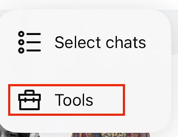  Instagram menu showing "Select chats" and "Tools," with "Tools" highlighted in red.
