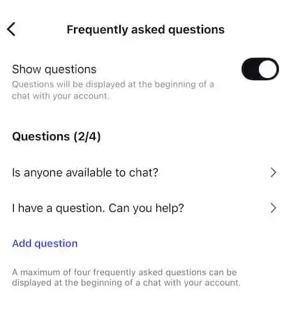 Frequently Asked Questions screen showing two listed questions and an option to add a new one.