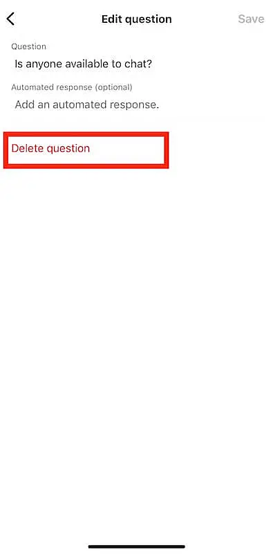 Edit question screen with an option to delete the question highlighted in red.