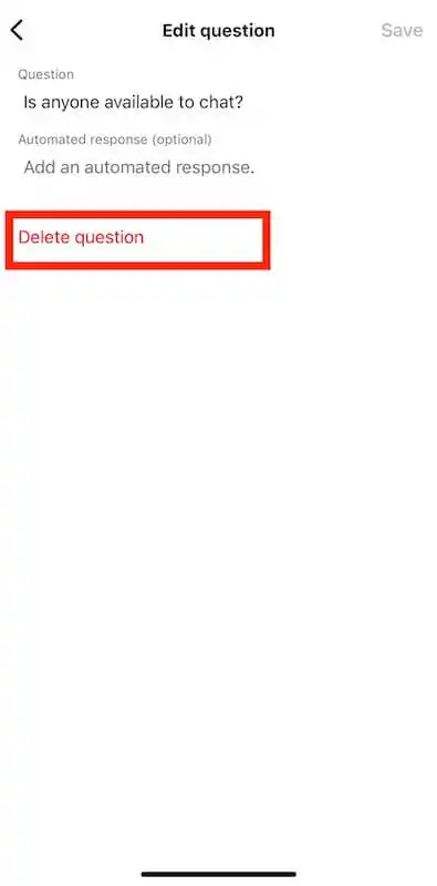 Edit question screen with an option to delete the question highlighted in red.