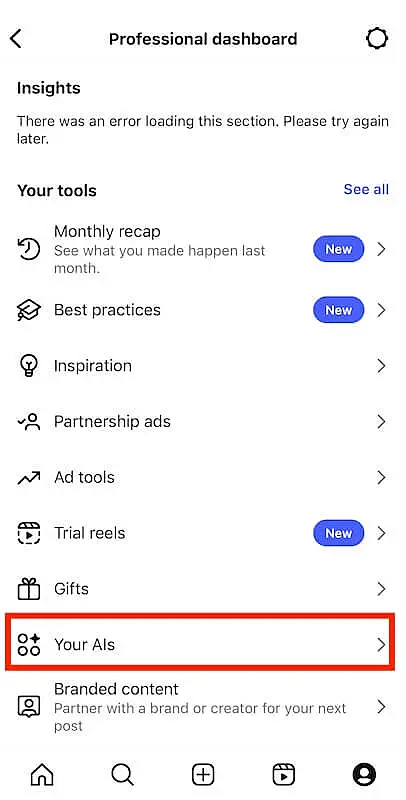 Instagram Professional Dashboard with various tools listed; "Your AIs" is highlighted in red.