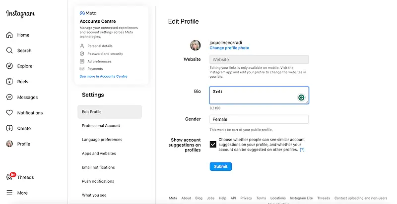 Instagram profile edition page