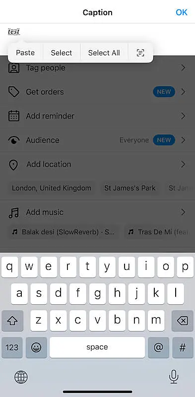 page to add caption on Instagram