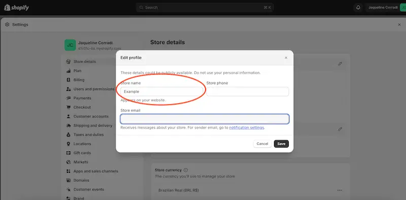 Shopify edit profile page