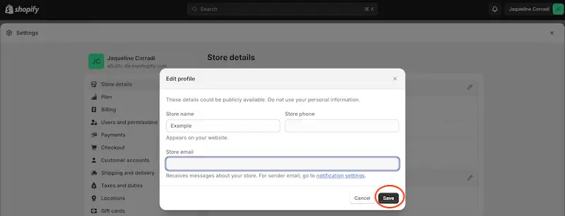 Shopify edit profile page