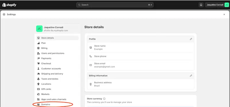 Shopify store details page