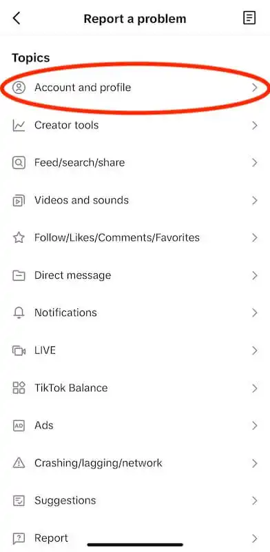 TikTok report a problem menu
