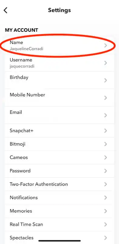 Snapchat settings page