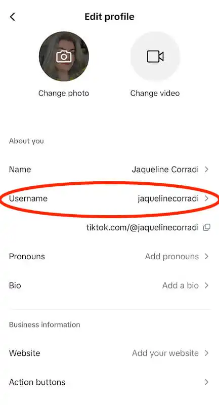 TikTok edit profile page