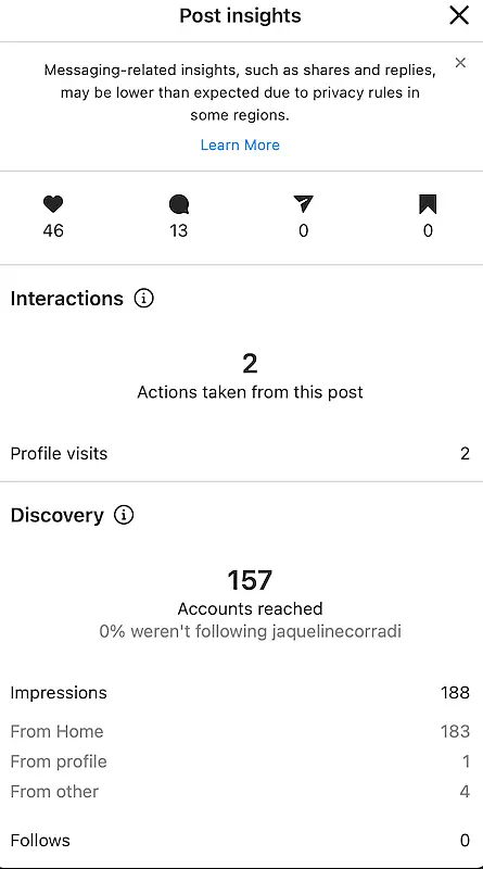 Instagram insights page showing information about a post