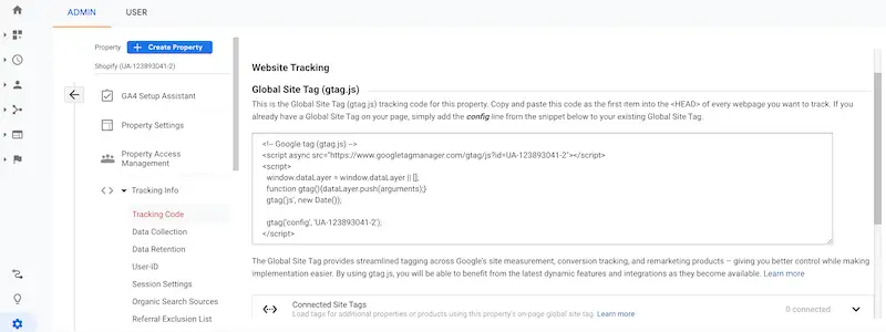 Website tracking code on Google Analytics