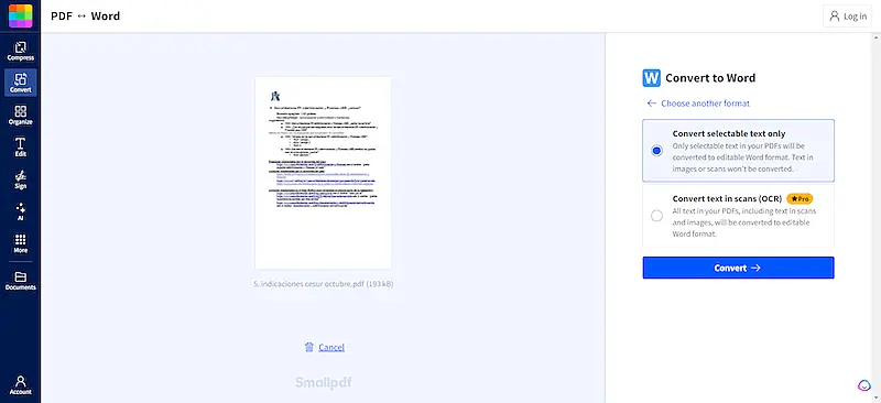 SmallPDF page to choose the type of file conversion you want.