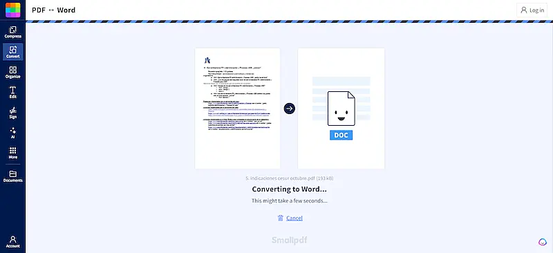 SmallPDF page that appears when the website is converting a PDF to Word.