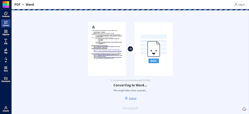 SmallPDF page that appears when the website is converting a PDF to Word.