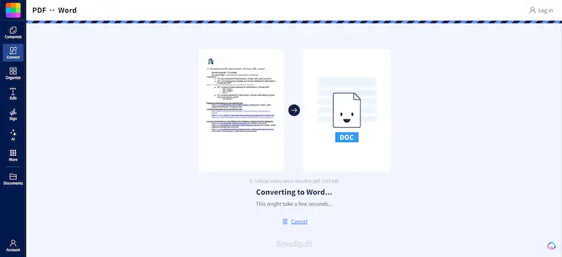 How to convert PDF to Word with SmallPDF 4 SmallPDF page that appears when the website is converting a PDF to Word.