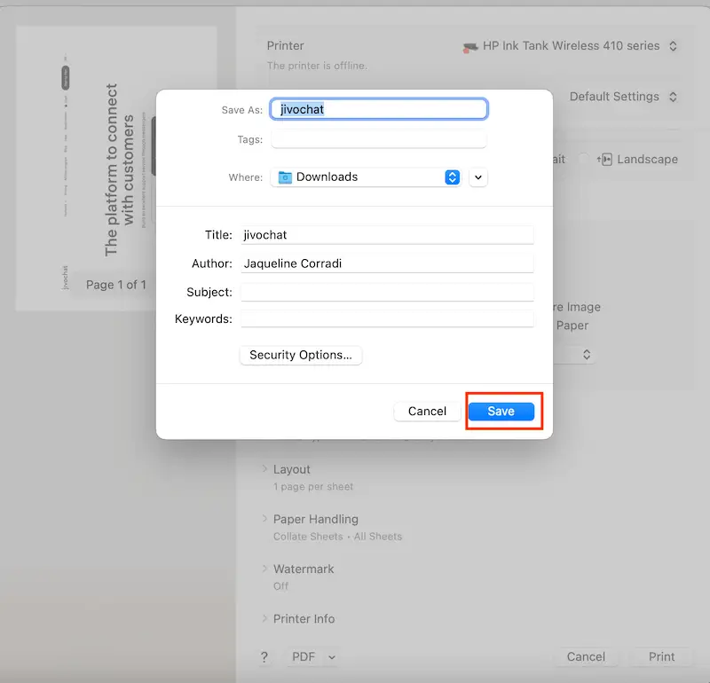 How to convert PNG to PDF - save Name and save your file page