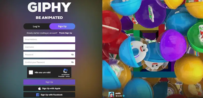 Giphy sign up page