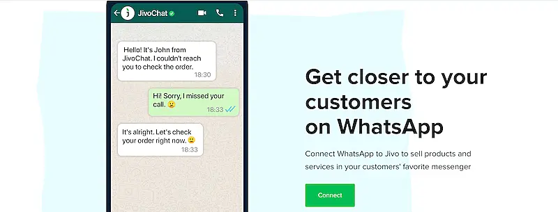 JivoChat page where it's written "Get closer to your customers on WhatsApp".