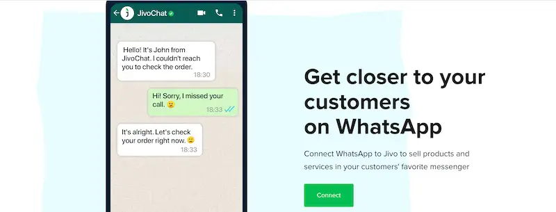 JivoChat page where it's written "Get closer to your customers on WhatsApp".