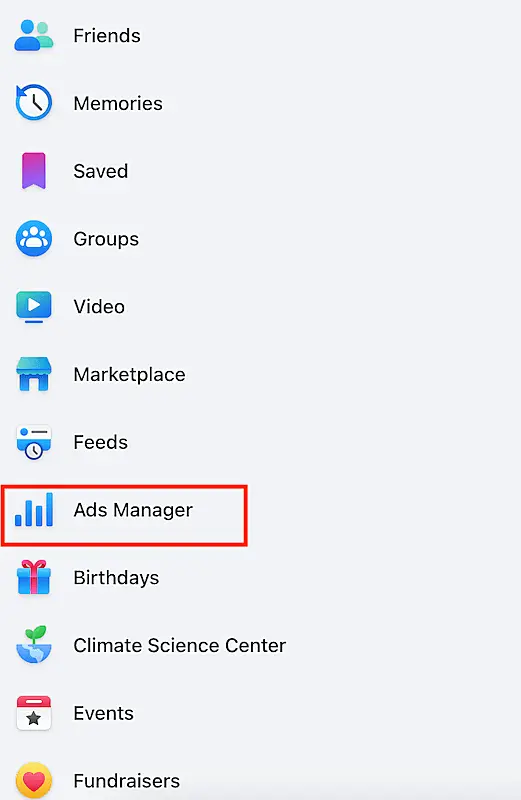 Facebook menu