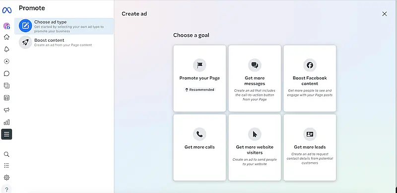 Choose a goal menu