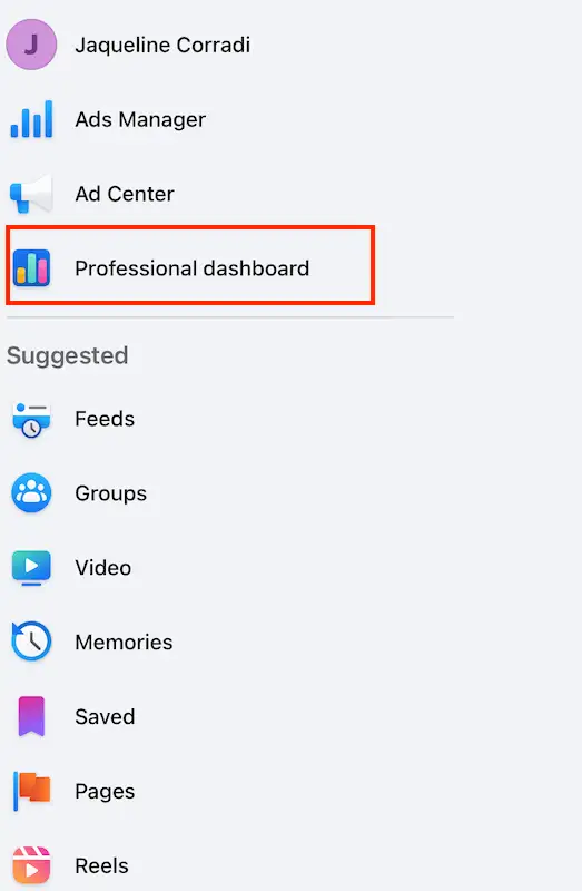 Facebook menu