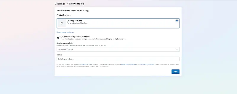 Facebook catalog set up page
