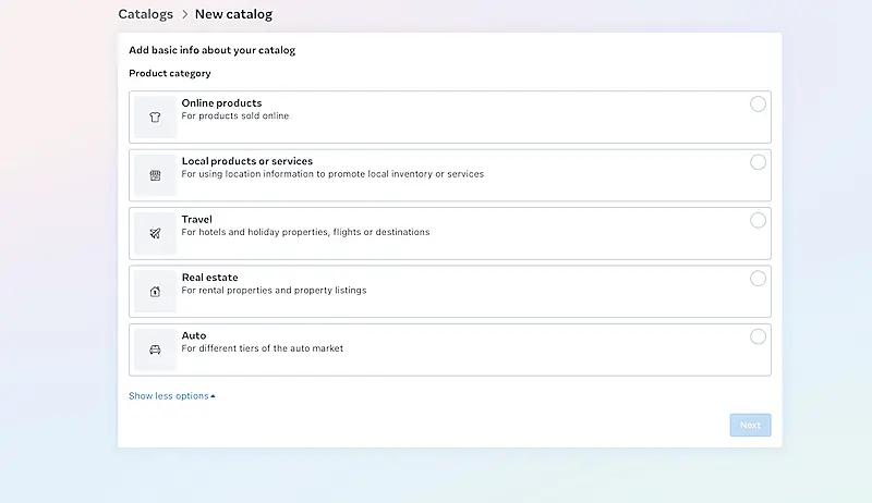 Facebook product category options