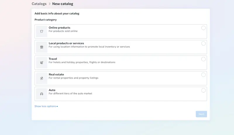 Facebook product category options