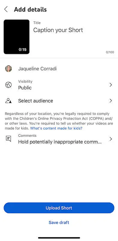 YouTube Shorts page where you add details of the video. 