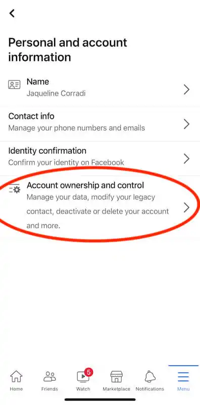 How to deactivate your Facebook account - ownership and control Facebook personal and account information menu