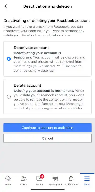 How to deactivate your Facebook account - deactivation  Facebook deactivation and deletion menu
