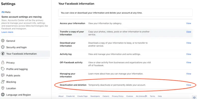 How to deactivate your Facebook account - information "Your Facebook Information" menu