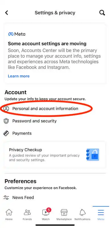 How to deactivate your Facebook account -persoanl and account information Settings and privacy Facebook menu