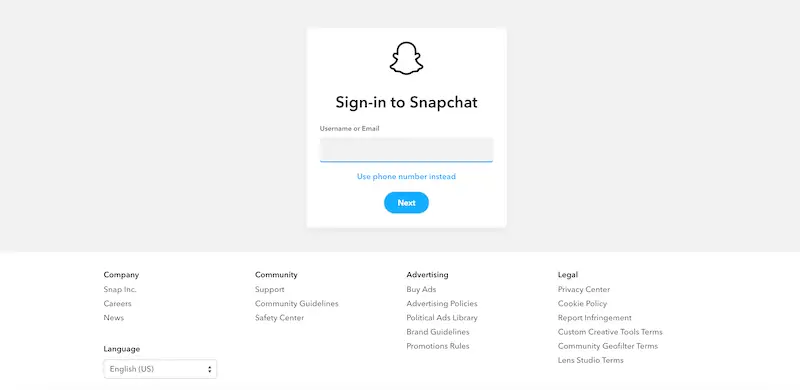 Snapchat page with the sign-in box.