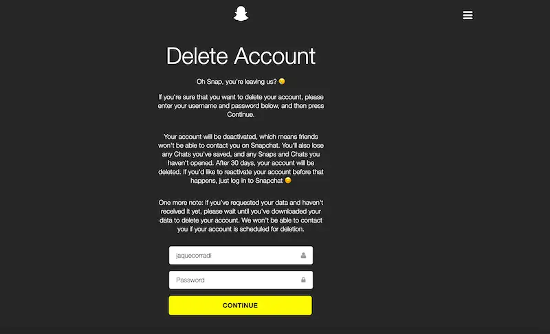 Delete account Snapchat page