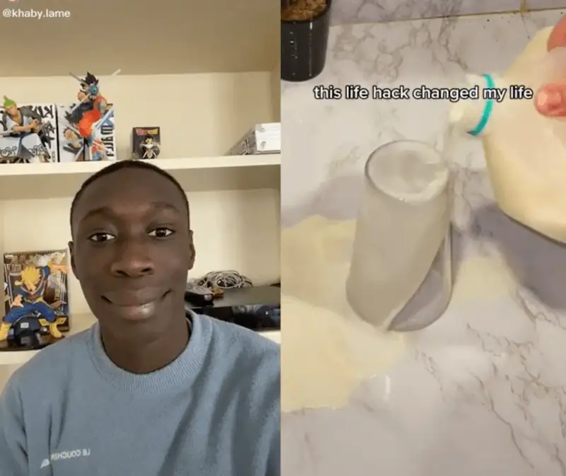 The image shows the content creator Khaby Lame on the right side of the screen, and on the left side of the screen it's shown a video of someone pouring milk to a upside down glass.