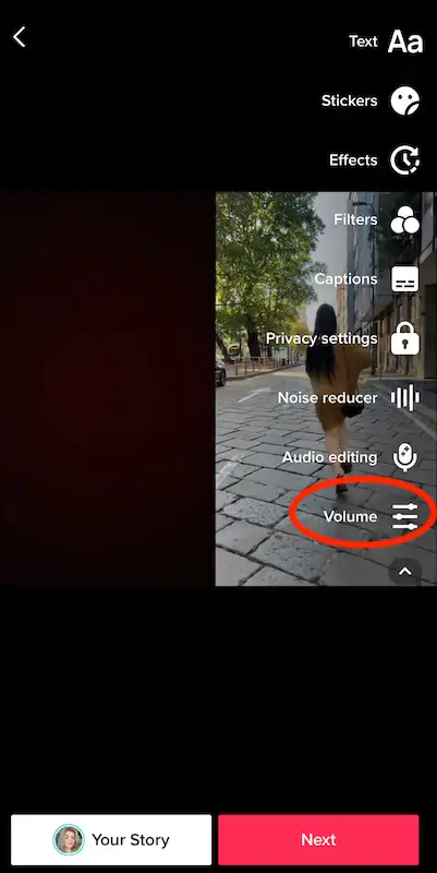 The image shows the TikTok edit menu, the volume button is highlighted.