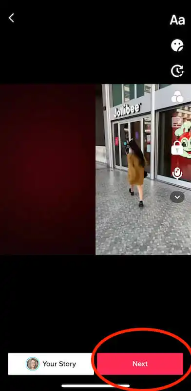 The image shows a duet video. The button "Next" is highlighted.