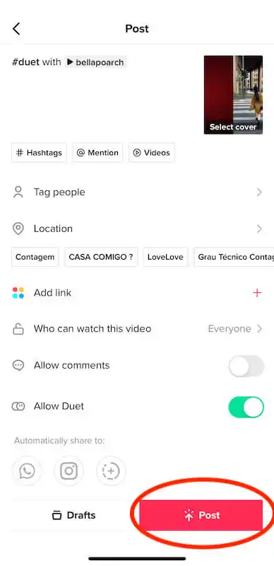 The image shows TikTok post page, the "Post" button is highlighted.